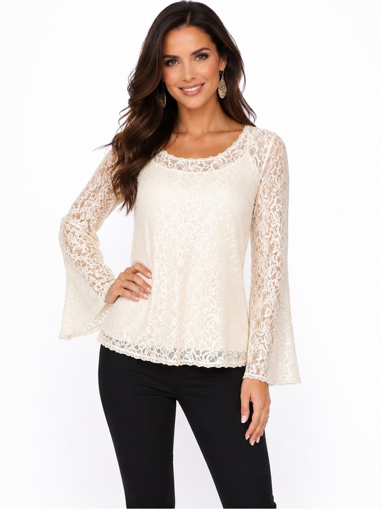 Apt. 9 Tops - APT. 9 Petite Large 2-Piece Ivory Floral Lace Long Sleeve Top Cami Set